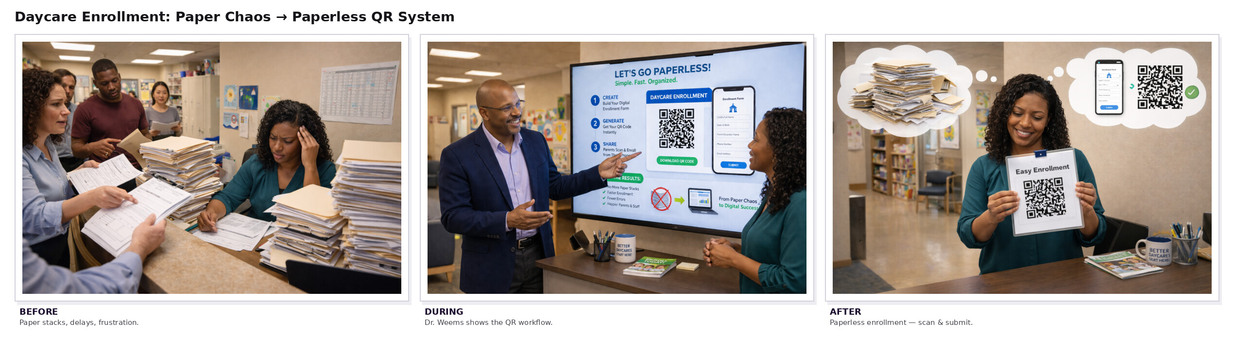 Daycare enrollment transformation: Before with paper chaos, During with Dr. Weems showing QR workflow, After with paperless enrollment